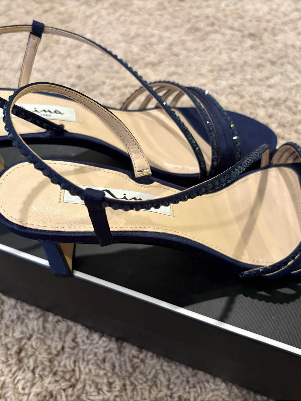 Nina Navy Crystal-Strap Open-Toe Slingback Heels - Picture 4 of 6